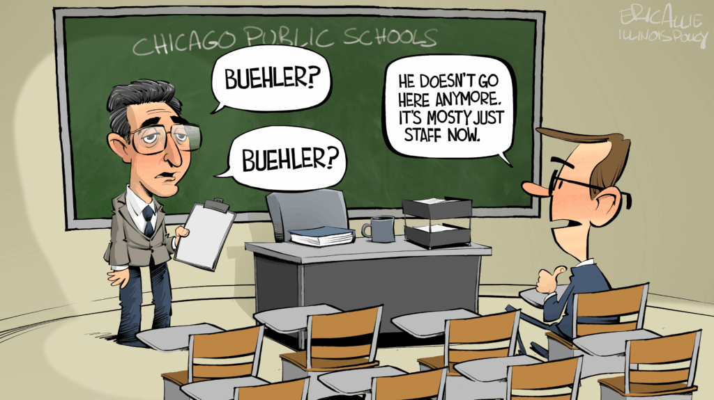 Editorial cartoon showing a teacher in a nearly empty Chicago Public Schools classroom calling for Buehler. A lone student replies that he doesn't go there anymore and it is mostly just staff now, illustrating CPS student enrollment drops.