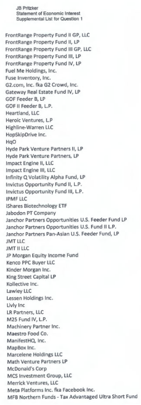 Page three of Governor J.B. Pritzker's Statement of Economic Interest supplemental list, listing holdings including Meta Platforms, McDonald's Corp, and various venture funds.