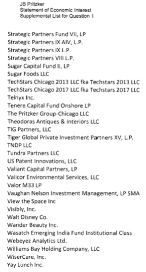 Page five of Governor J.B. Pritzker's Statement of Economic Interest supplemental list, concluding the extensive list of corporate and investment holdings.