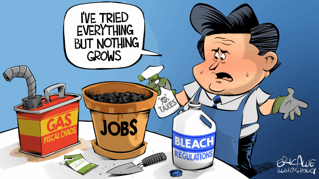 Political cartoon of Illinois Gov. J.B. Pritzker confused that a potted plant labeled Jobs won't grow after treating it with toxic chemicals labeled Taxes, Fiscal Chaos, and Regulations.