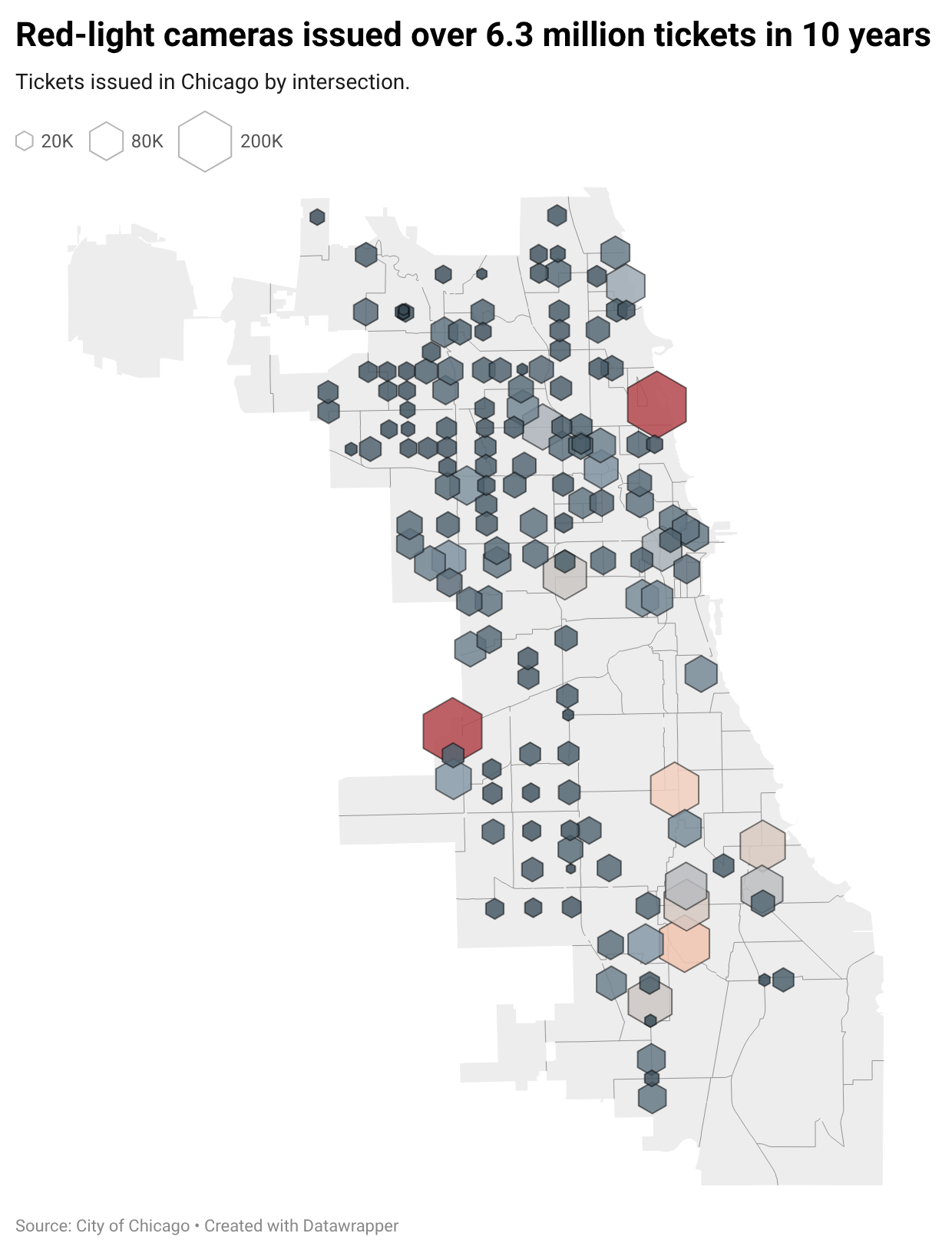 Symbol map of Chicago red-light camera tickets by intersection, showing the cameras issued more than 6.3 million tickets over 10 years.