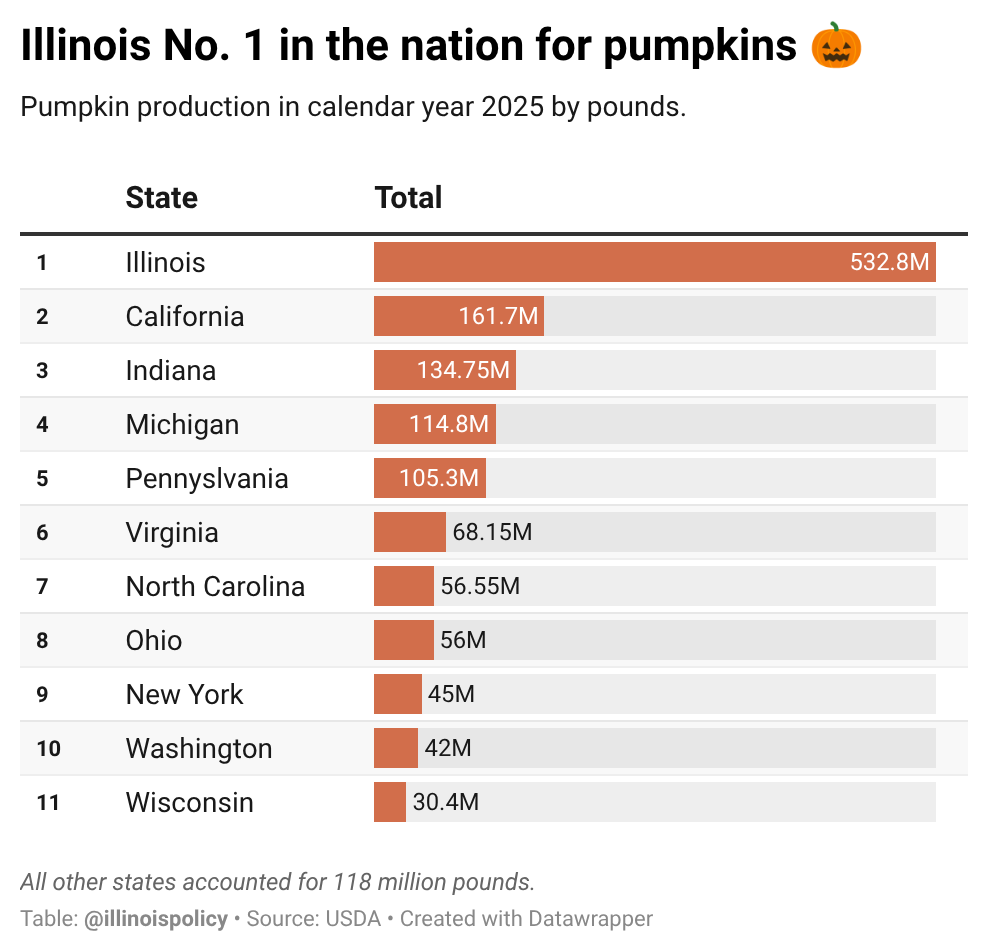 Table of 2025 U.S. pumpkin production by state in pounds, led by Illinois as the nation's top pumpkin producer, with all other states not listed combining for 118 million pounds.