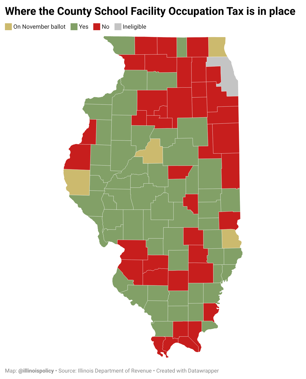 Choropleth map of Illinois counties showing where the County School Facility Occupation Tax, a sales tax for school construction and repairs, has been imposed, based on Illinois Department of Revenue data.