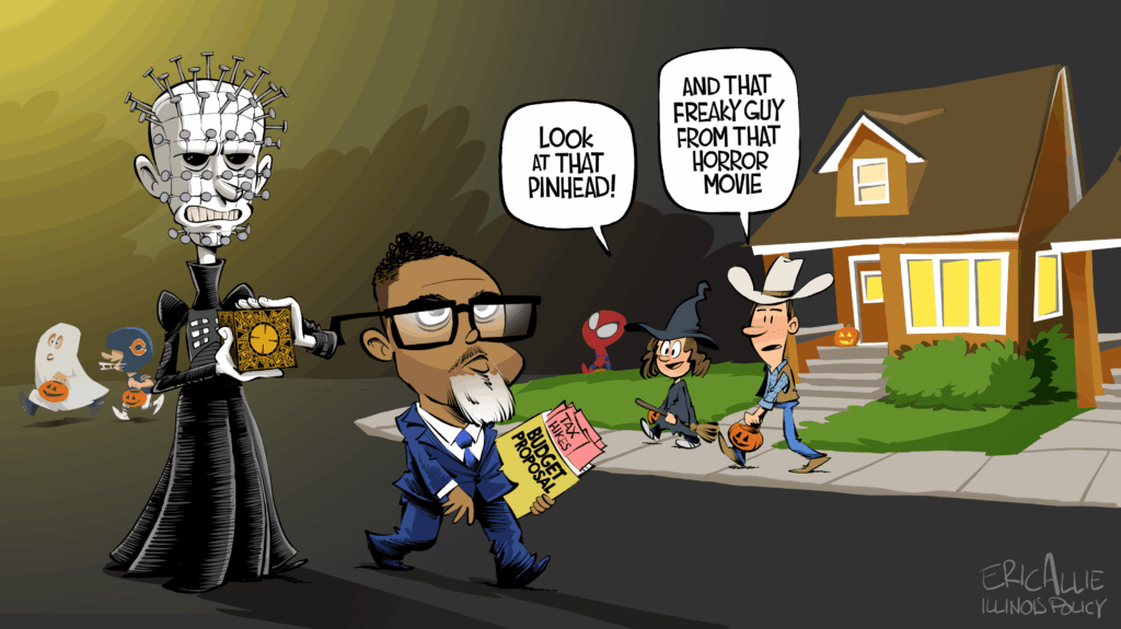 Editorial cartoon by Eric Allie illustrating Chicago budget proposals and tax hikes featuring political satire on Halloween.