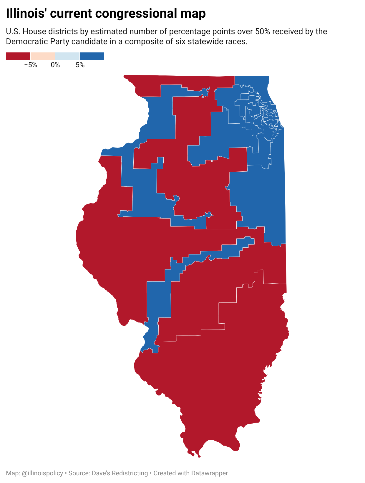 Choropleth map of Illinois' 17 congressional districts as drawn in the 2022 redistricting, the map currently in use for U.S. House elections.